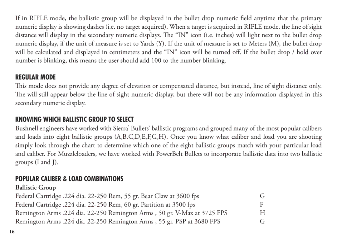 Bushnell 1200, 204101, 204100 Regular Mode, Knowing Which Ballistic Group to Select, Popular Caliber & Load Combinations 