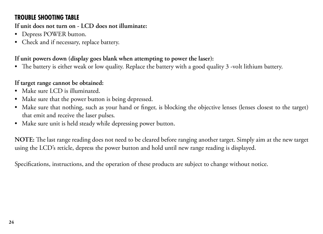 Bushnell 204101, 1200, 204100 manual Trouble Shooting Table, If unit does not turn on LCD does not illuminate 