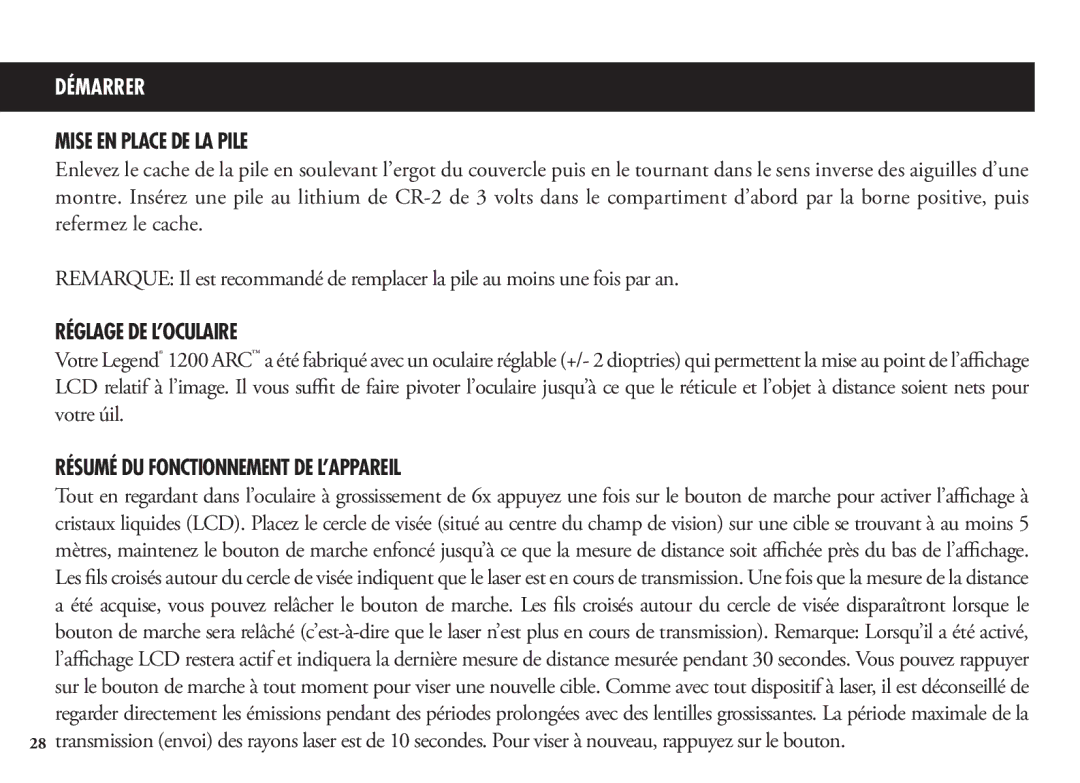Bushnell 1200, 204101, 204100 manual Mise EN Place DE LA Pile, Réglage DE L’OCULAIRE, Résumé DU Fonctionnement DE L’APPAREIL 