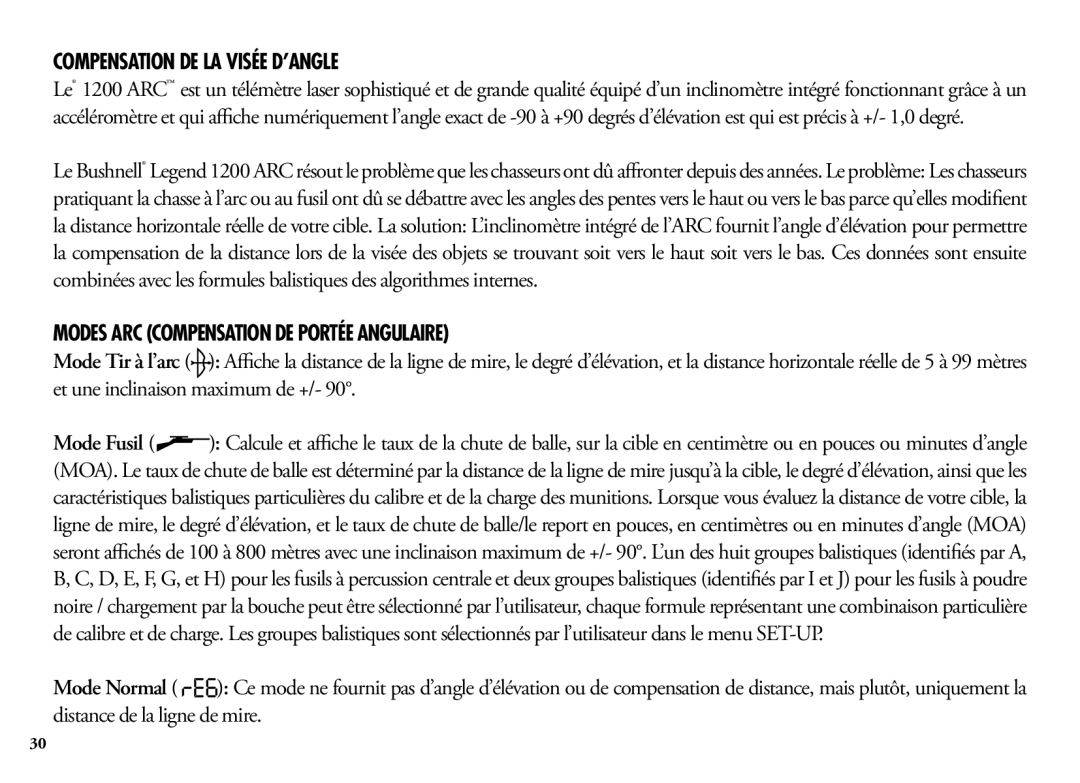 Bushnell 204101, 1200, 204100 manual Compensation de la visée d’angle, Modes ARC Compensation de portée angulaire 