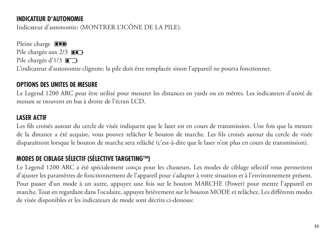 Bushnell 1200, 204101, 204100 manual Indicateur D’AUTONOMIE, Options DES Unites DE Mesure, Laser Actif 