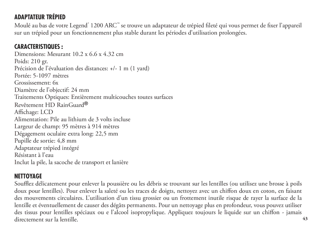 Bushnell 1200, 204101, 204100 manual Adaptateur Trépied, Caracteristiques, Nettoyage, Directement sur la lentille 