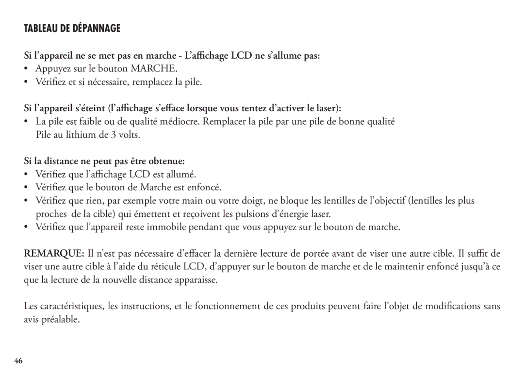 Bushnell 1200, 204101, 204100 Tableau DE Dépannage, Pile au lithium de 3 volts, Si la distance ne peut pas être obtenue 