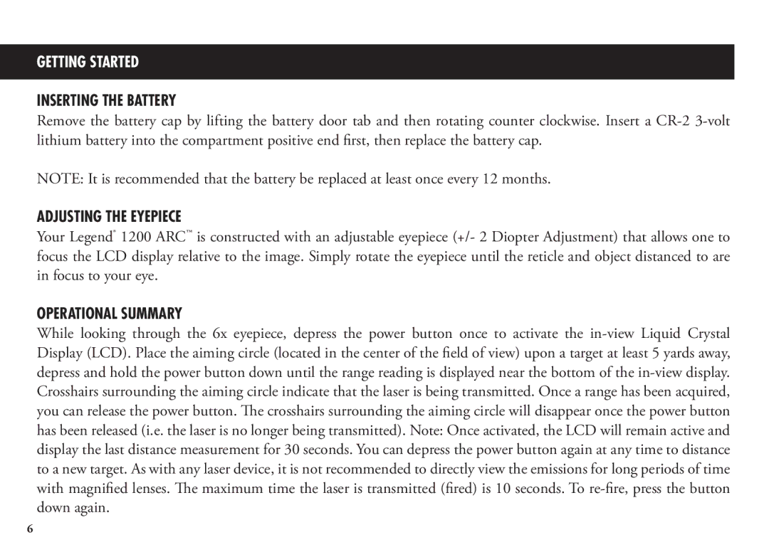 Bushnell 204101, 1200, 204100 manual Inserting the Battery, Adjusting the Eyepiece, Operational Summary 