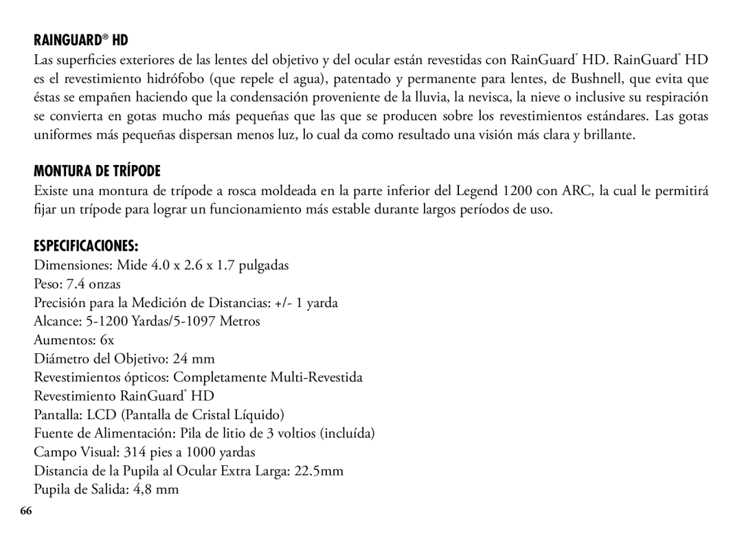 Bushnell 204101, 1200, 204100 manual Montura DE Trípode, Especificaciones 