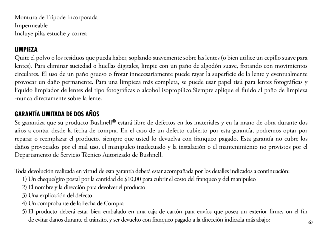 Bushnell 1200, 204101, 204100 manual Limpieza, Garantía Limitada DE DOS Años 