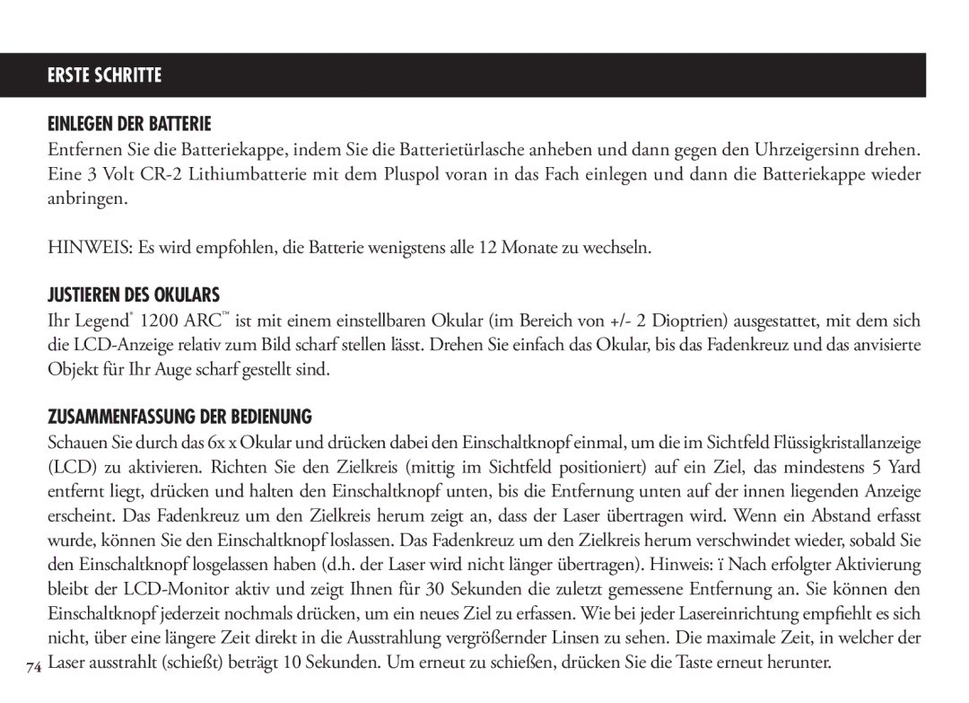 Bushnell 204100, 204101, 1200 manual Einlegen DER Batterie, Justieren DES Okulars, Zusammenfassung DER Bedienung 