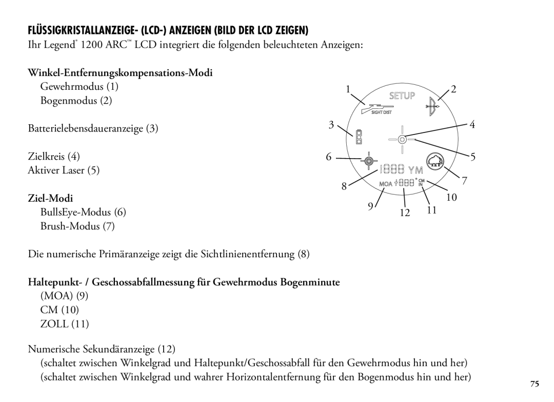 Bushnell 204101 FLÜSSIGKRISTALLANZEIGE- LCD- Anzeigen Bild DER LCD Zeigen, Winkel-Entfernungskompensations-Modi, Ziel-Modi 