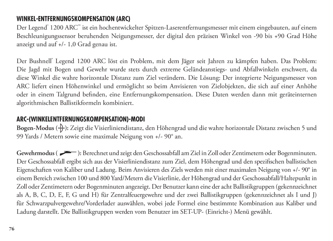 Bushnell 1200, 204101, 204100 manual Winkel-Entfernungskompensation ARC, ARC-Winkelentfernungskompensation-Modi 