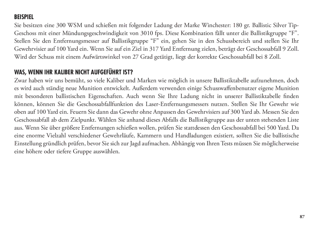 Bushnell 204101, 1200, 204100 manual Beispiel, Was, wenn Ihr Kaliber nicht aufgeführt ist? 