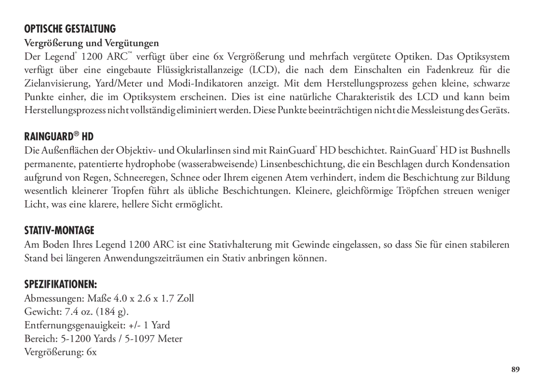 Bushnell 204100, 204101, 1200 manual Optische Gestaltung, Vergrößerung und Vergütungen, Stativ-Montage, Spezifikationen 