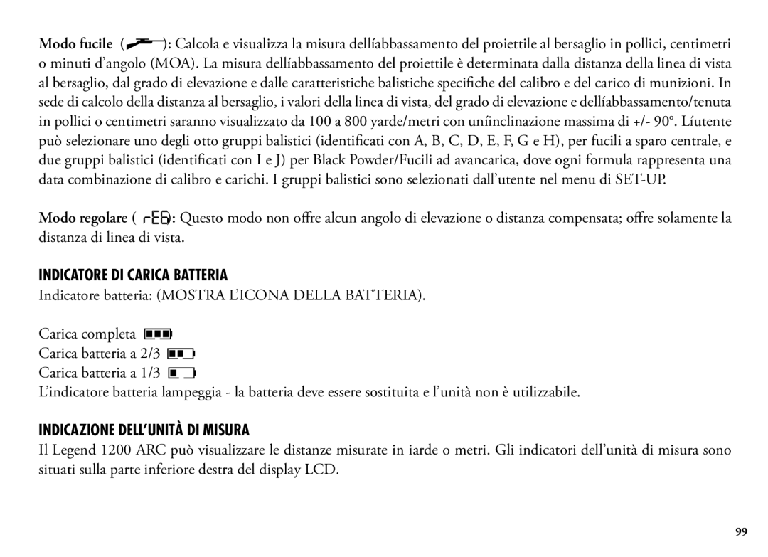 Bushnell 204101, 1200, 204100 manual Indicatore DI Carica Batteria, Indicatore batteria Mostra L’ICONA Della Batteria 