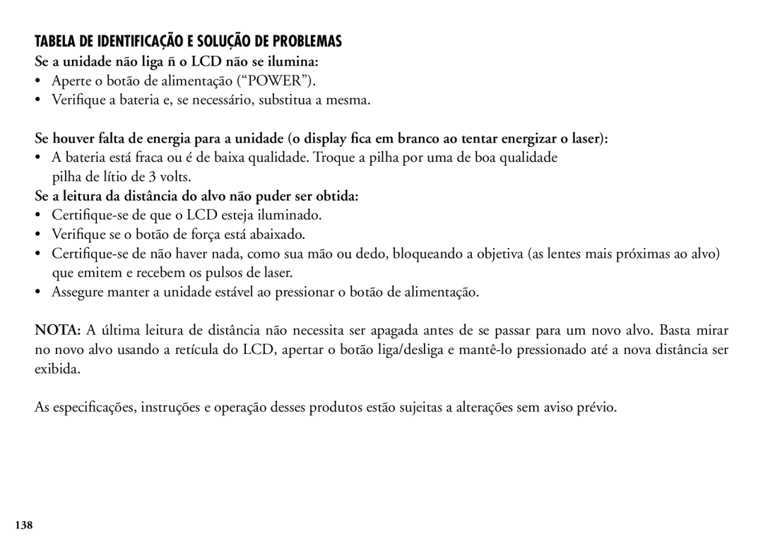 Bushnell 204101 manual Tabela DE Identificação E Solução DE Problemas, Se a unidade não liga ñ o LCD não se ilumina 