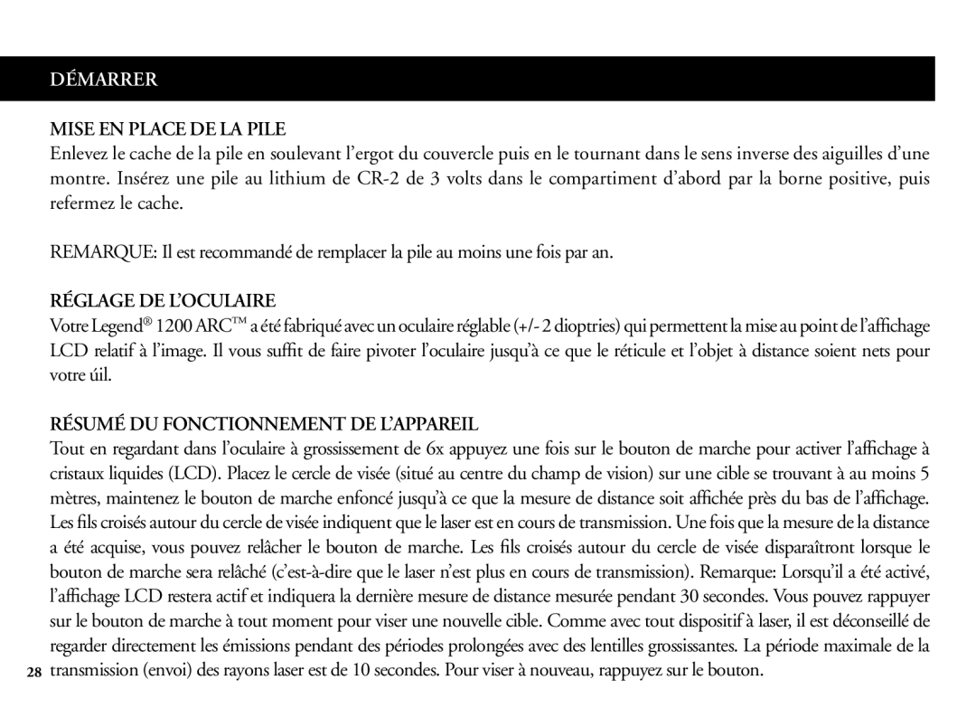 Bushnell 204100/204101 manual Mise EN Place DE LA Pile, Réglage DE L’OCULAIRE, Résumé DU Fonctionnement DE L’APPAREIL 