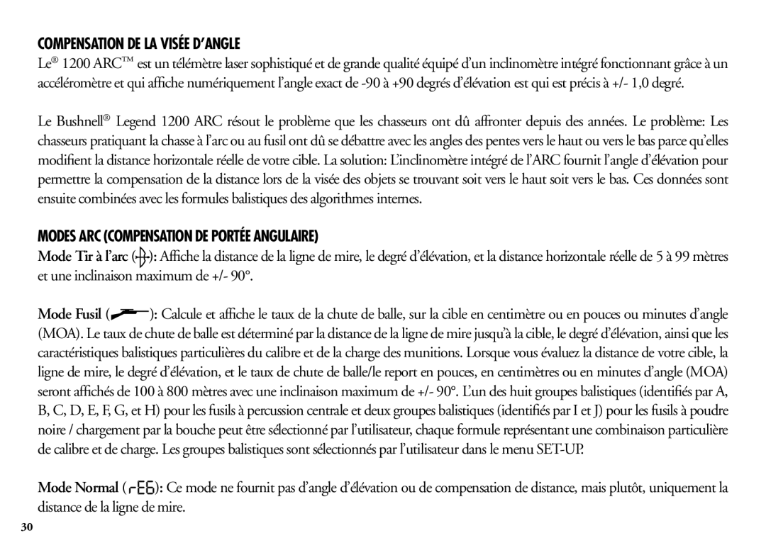 Bushnell 204100/204101 manual Compensation de la visée d’angle, Modes ARC Compensation de portée angulaire 