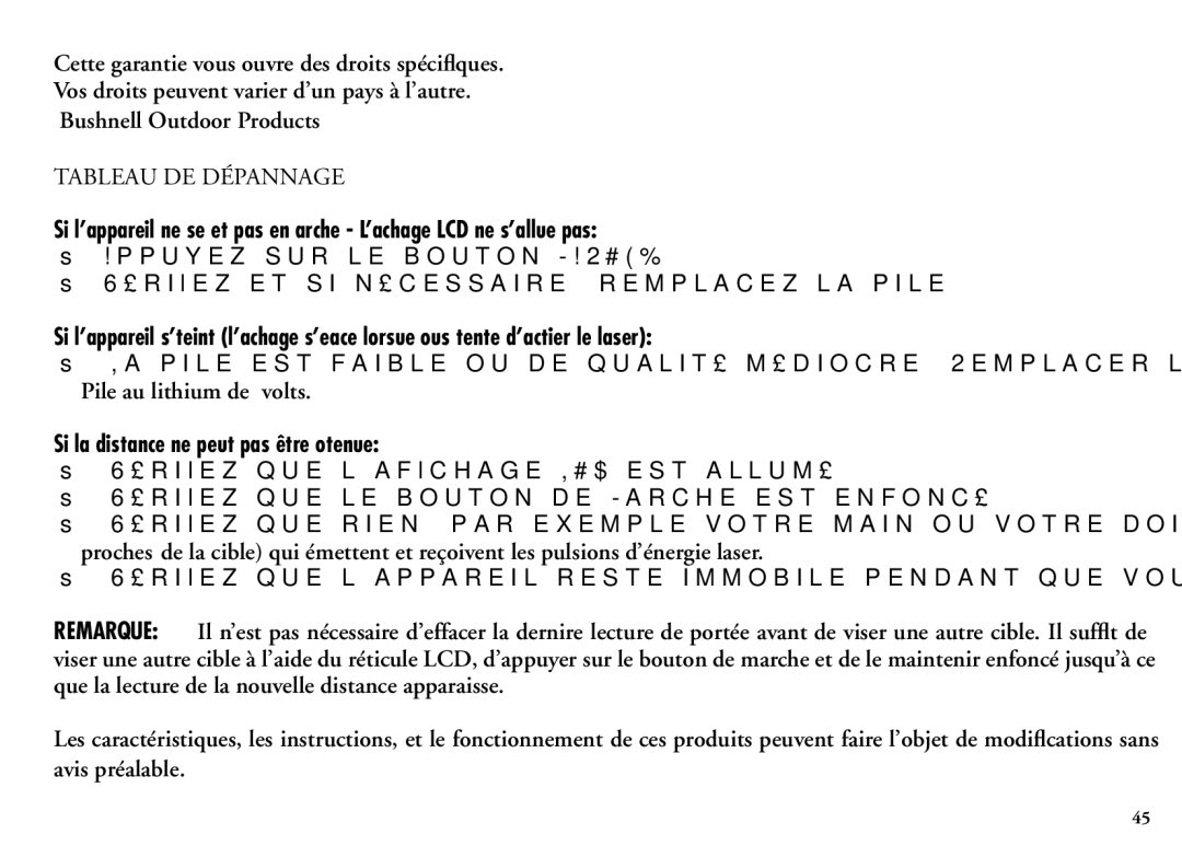 Bushnell 204100/204101 manual Tableau DE Dépannage, Pile au lithium de 3 volts, Si la distance ne peut pas être obtenue 