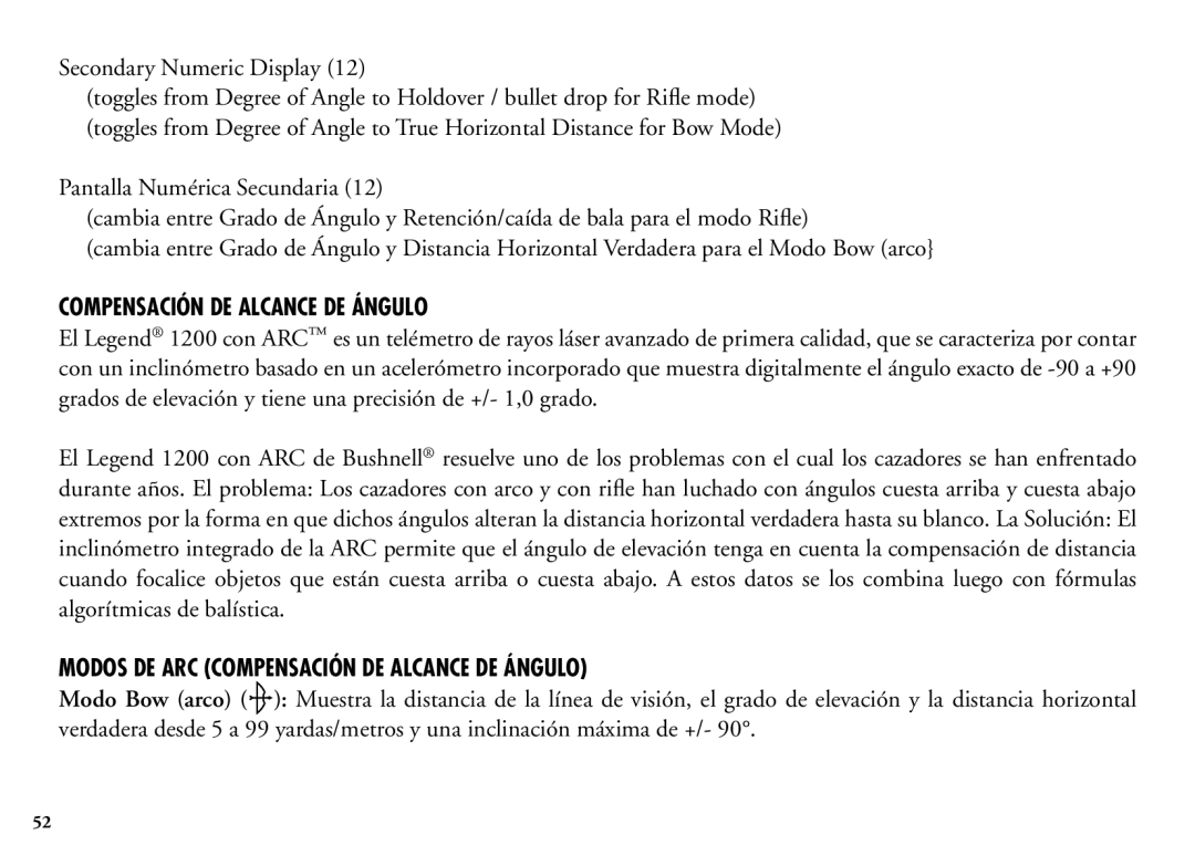 Bushnell 204100/204101 manual Modos de ARC Compensación de Alcance de Ángulo 