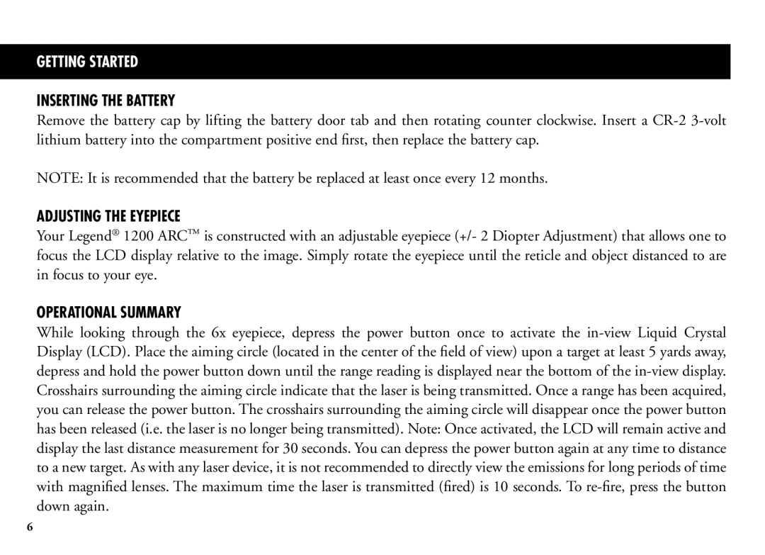 Bushnell 204100/204101 manual Inserting the Battery, Adjusting the Eyepiece, Operational Summary 