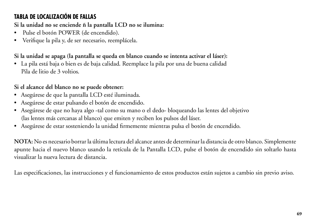 Bushnell 204100/204101 manual Tabla DE Localización DE Fallas, Si la unidad no se enciende ñ la pantalla LCD no se ilumina 