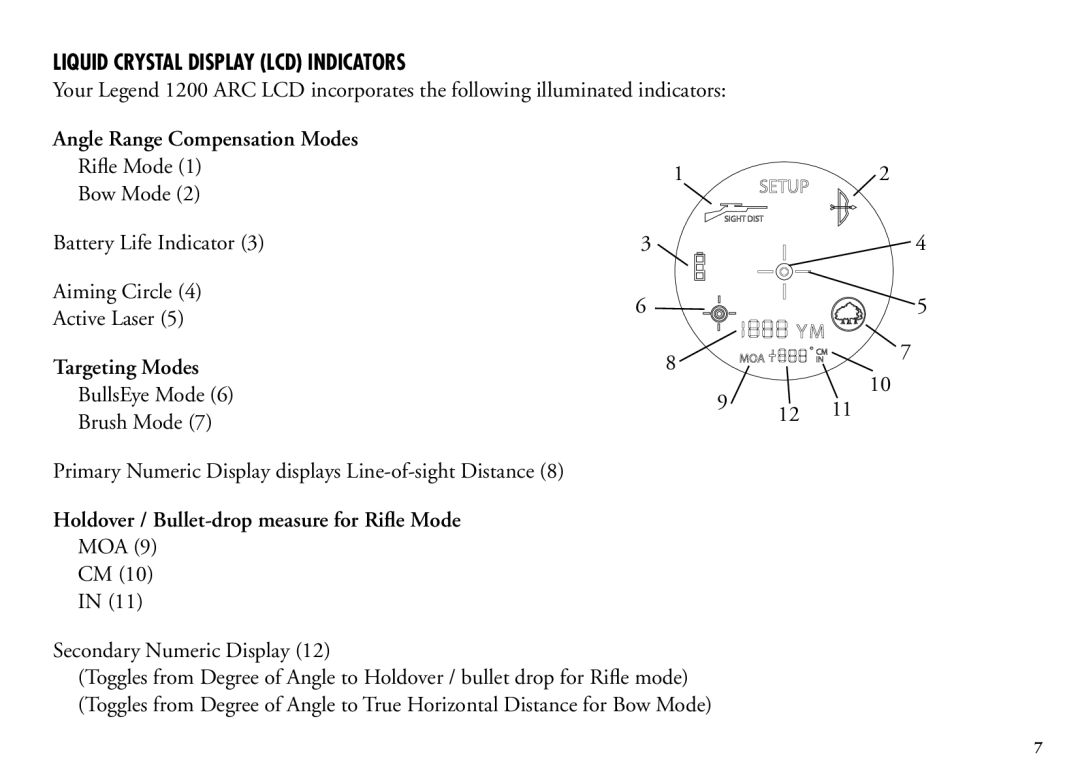 Bushnell 204100/204101 manual Liquid Crystal Display LCD Indicators, Angle Range Compensation Modes, Targeting Modes 