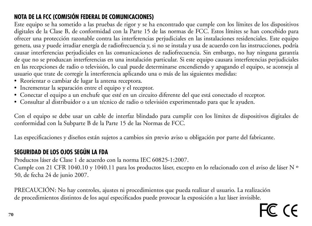 Bushnell 204100/204101 manual Nota DE LA FCC Comisión Federal DE Comunicaciones, Seguridad de los ojos según la FDA 