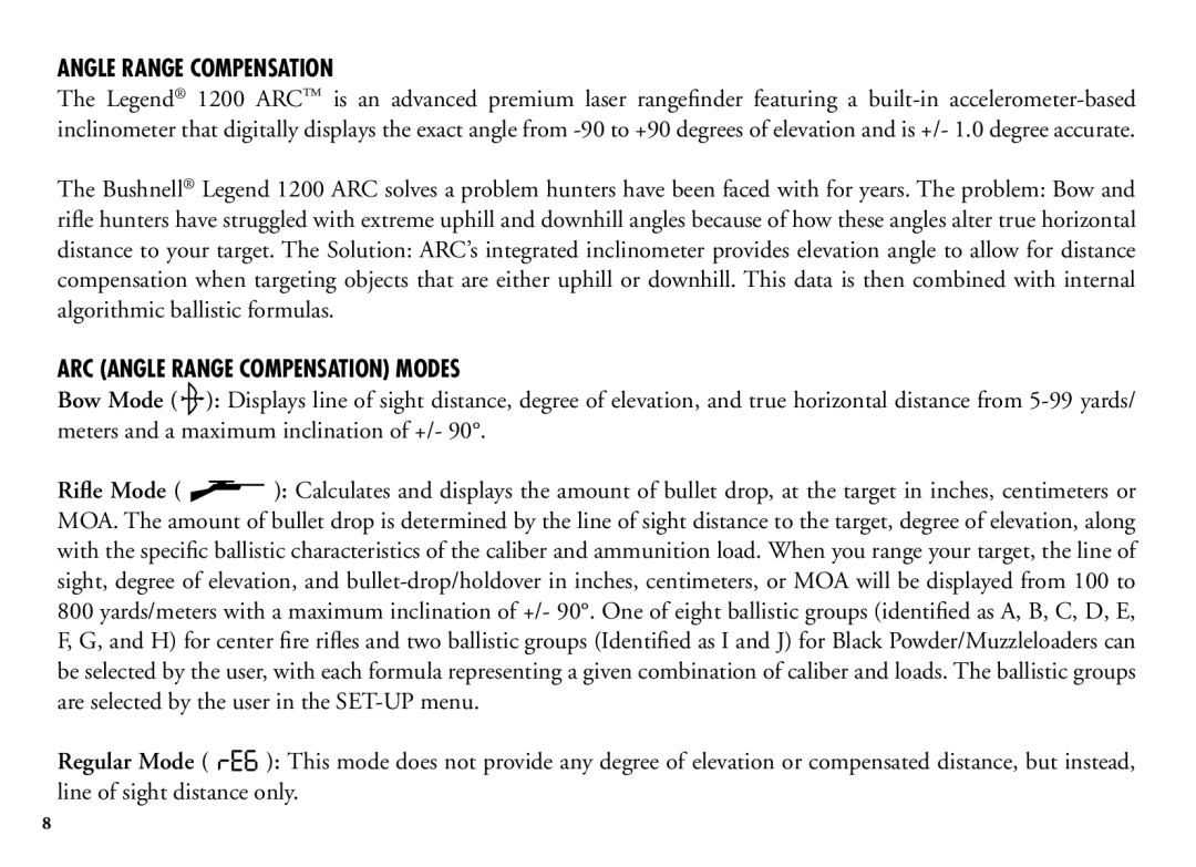 Bushnell 204100/204101 manual ARC Angle Range Compensation Modes 