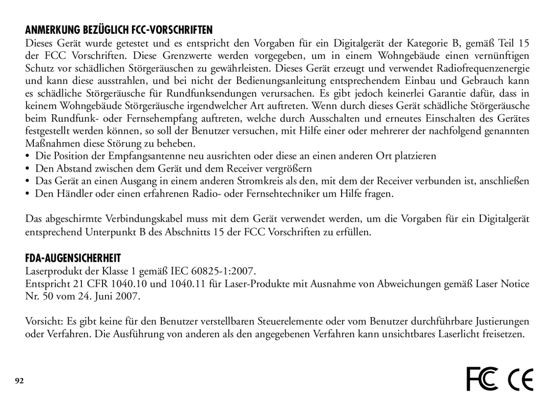 Bushnell 204100/204101 manual Anmerkung bezüglich FCC-Vorschriften, FDA-Augensicherheit 