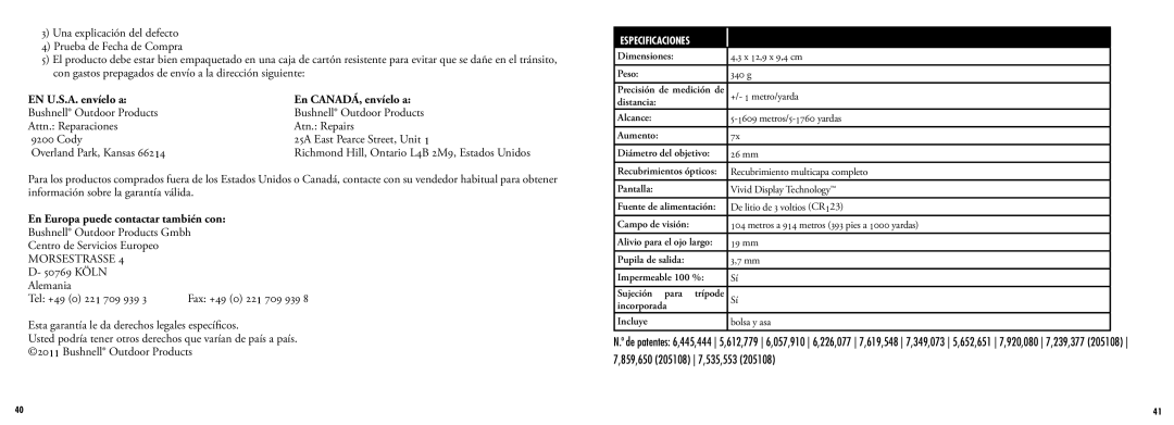 Bushnell 205108, 205107 manual EN U.S.A. envíelo a En CANADÁ, envíelo a, En Europa puede contactar también con 