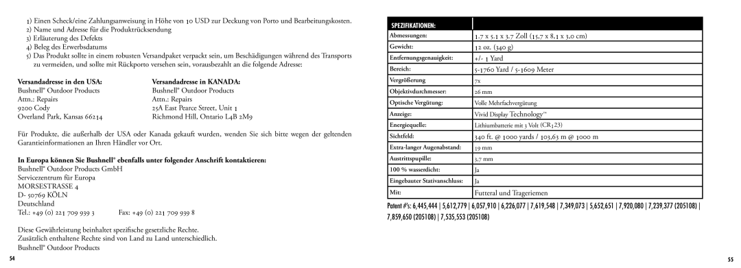 Bushnell 205107, 205108 manual Versandadresse in den USA, Yard / 5-1609 Meter 