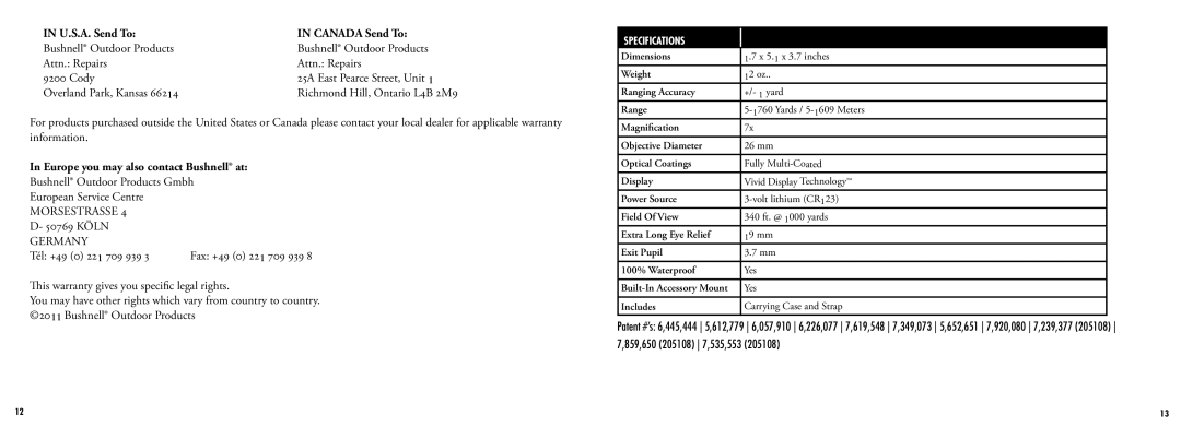 Bushnell 205108, 205107 manual U.S.A. Send To Canada Send To, Europe you may also contact Bushnell at 