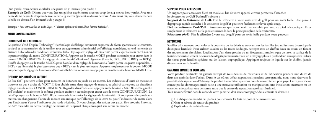 Bushnell 205108, 205107 manual Luminosité DE L’AFFICHAGE, Options DES Unités DE Mesure, Support Pour Accessoire, Nettoyage 