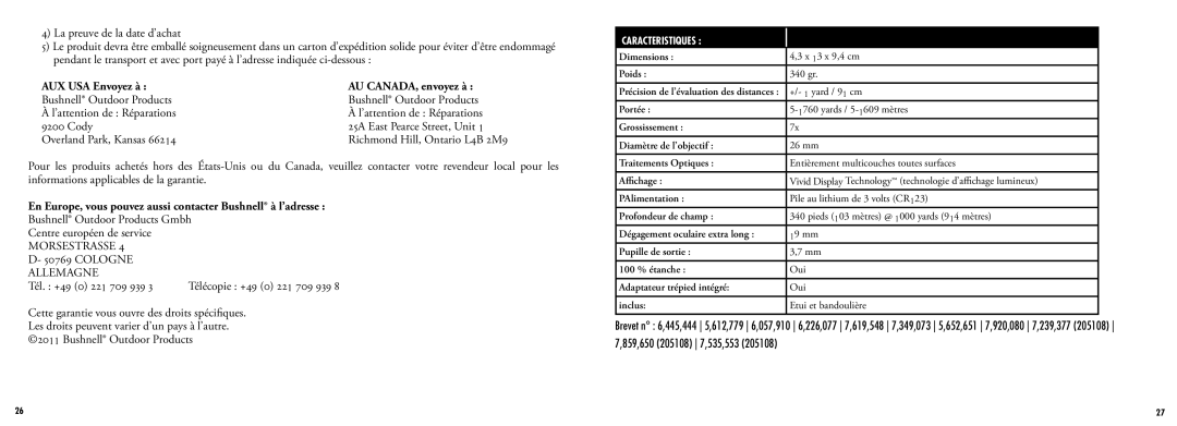 Bushnell 205107 manual AUX USA Envoyez à AU CANADA, envoyez à, En Europe, vous pouvez aussi contacter Bushnell à l’adresse 