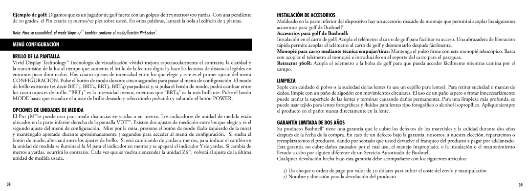 Bushnell 205107, 205108 manual Brillo DE LA Pantalla, Opciones DE Unidades DE Medida, Instalación DE Accesorios, Limpieza 