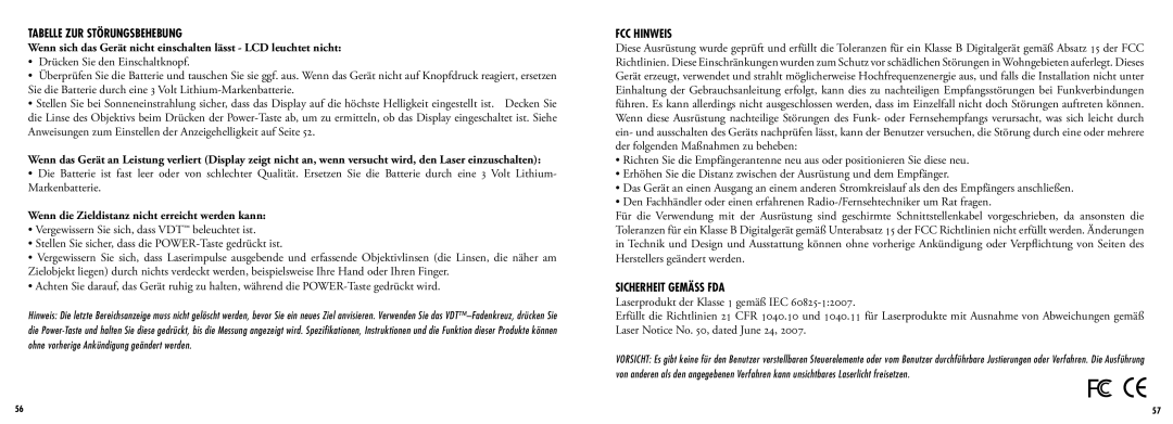 Bushnell 205108, 205107 manual Tabelle ZUR Störungsbehebung, Wenn die Zieldistanz nicht erreicht werden kann, FCC Hinweis 