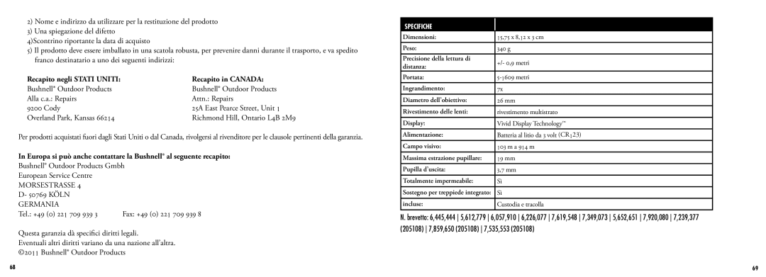 Bushnell 205108, 205107 manual Recapito negli Stati Uniti Recapito in Canada, Germania 