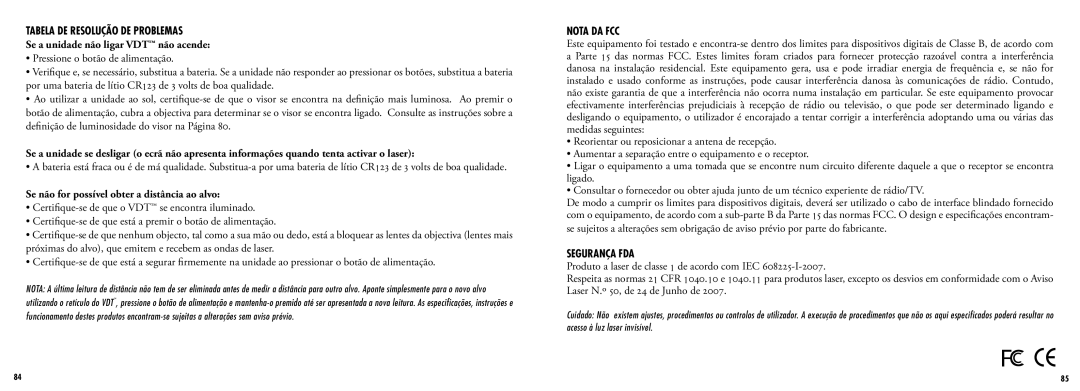 Bushnell 205108 manual Tabela DE Resolução DE Problemas, Se a unidade não ligar VDT não acende, Nota da FCC, Segurança FDA 