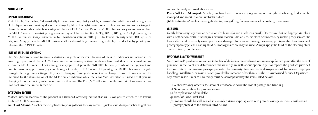 Bushnell 205107, 205108 manual Display Brightness, Unit of Measure Options, Accessory Mount, Cleaning 