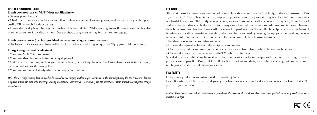 Bushnell 205107, 205108 Trouble Shooting Table, If unit does not turn on VDT does not illuminate, FCC Note, FDA Safety 