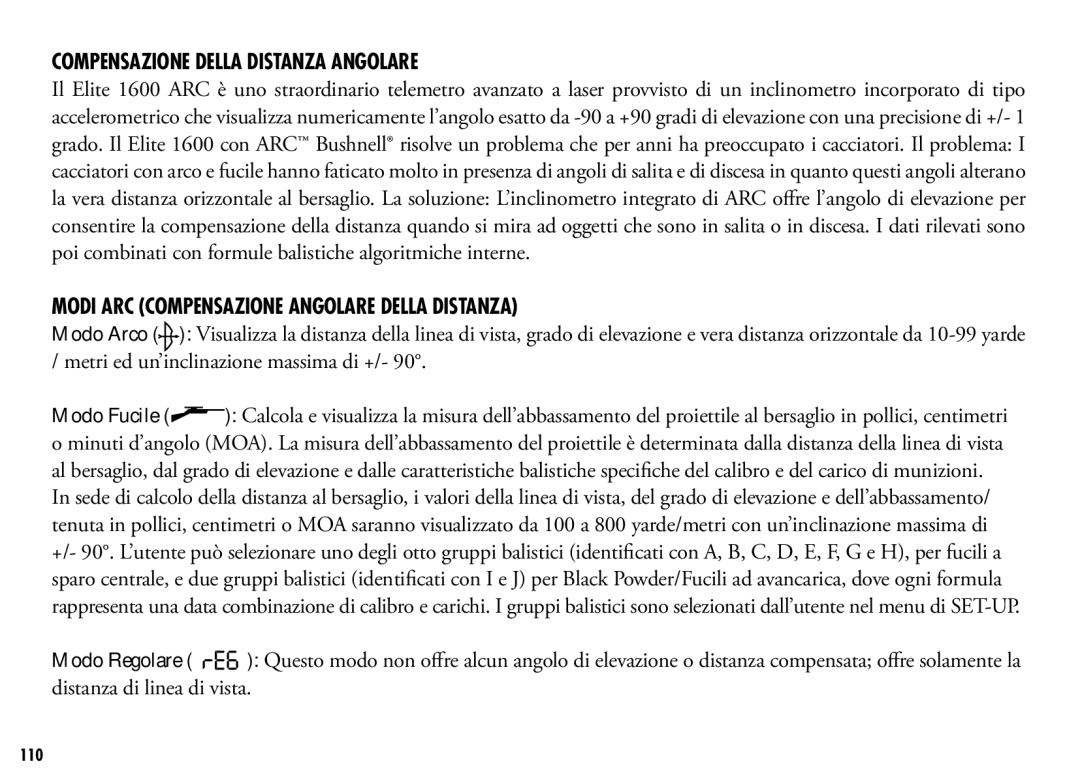 Bushnell 205110 manual Compensazione della distanza angolare, Modi ARC Compensazione angolare della distanza 