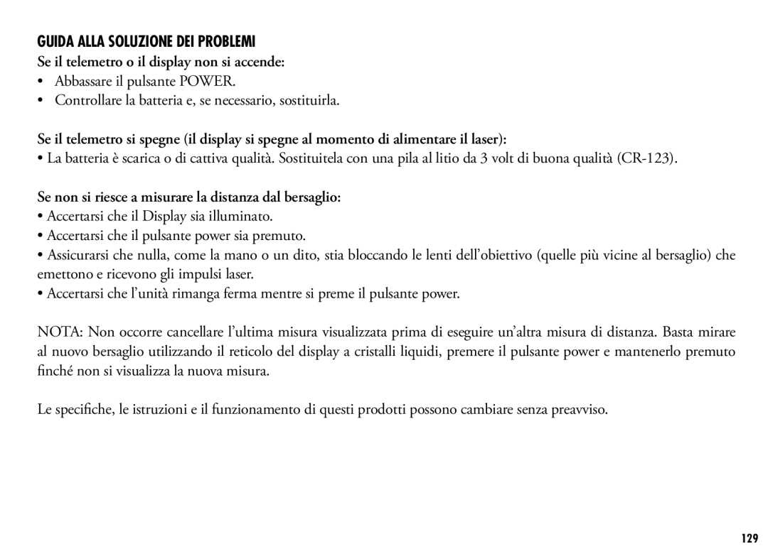 Bushnell 205110 manual Guida Alla Soluzione DEI Problemi, Se il telemetro o il display non si accende 