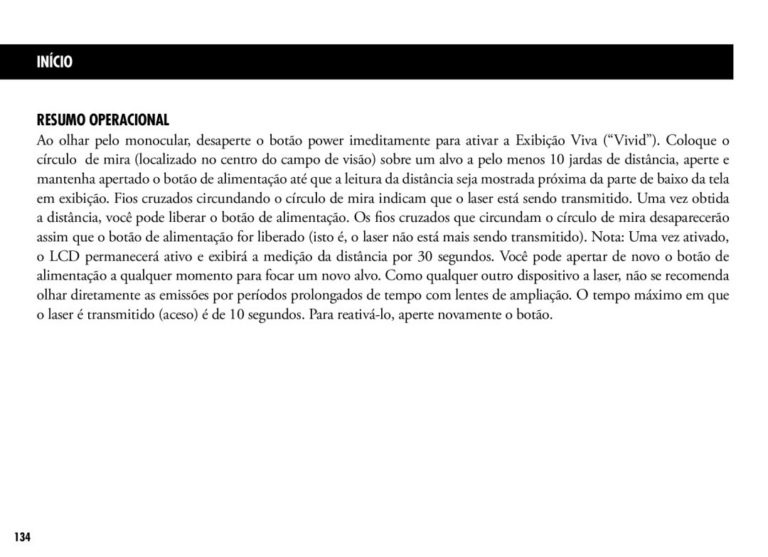 Bushnell 205110 manual Início, Resumo Operacional 