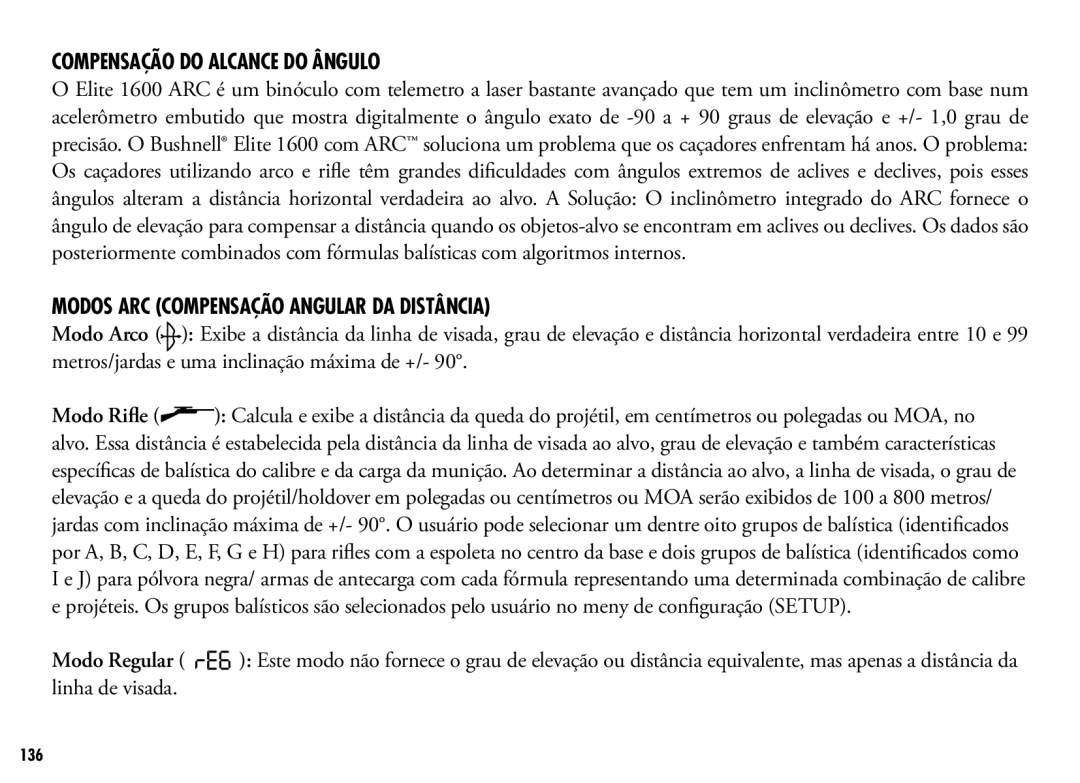 Bushnell 205110 manual Compensação do Alcance do Ângulo, Modos ARC compensação angular da distância 