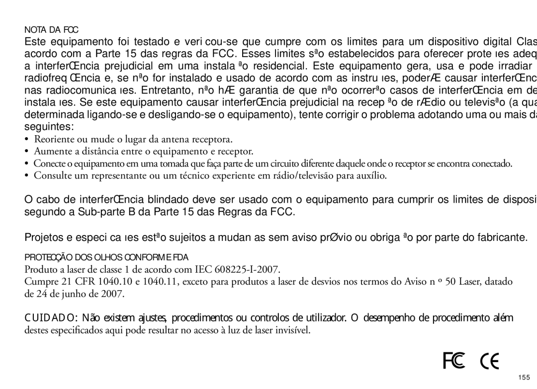 Bushnell 205110 manual Nota dA FCC, Protecção dos olhos conforme FDA 