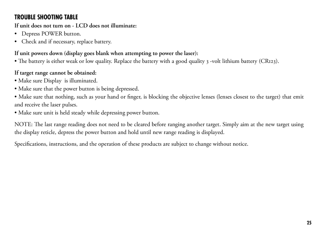 Bushnell 205110 manual Trouble Shooting Table, If target range cannot be obtained 