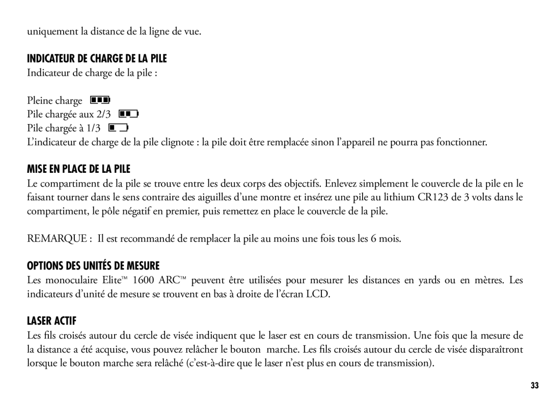 Bushnell 205110 manual Indicateur DE Charge DE LA Pile, Mise EN Place DE LA Pile, Options DES Unités DE Mesure, Laser Actif 