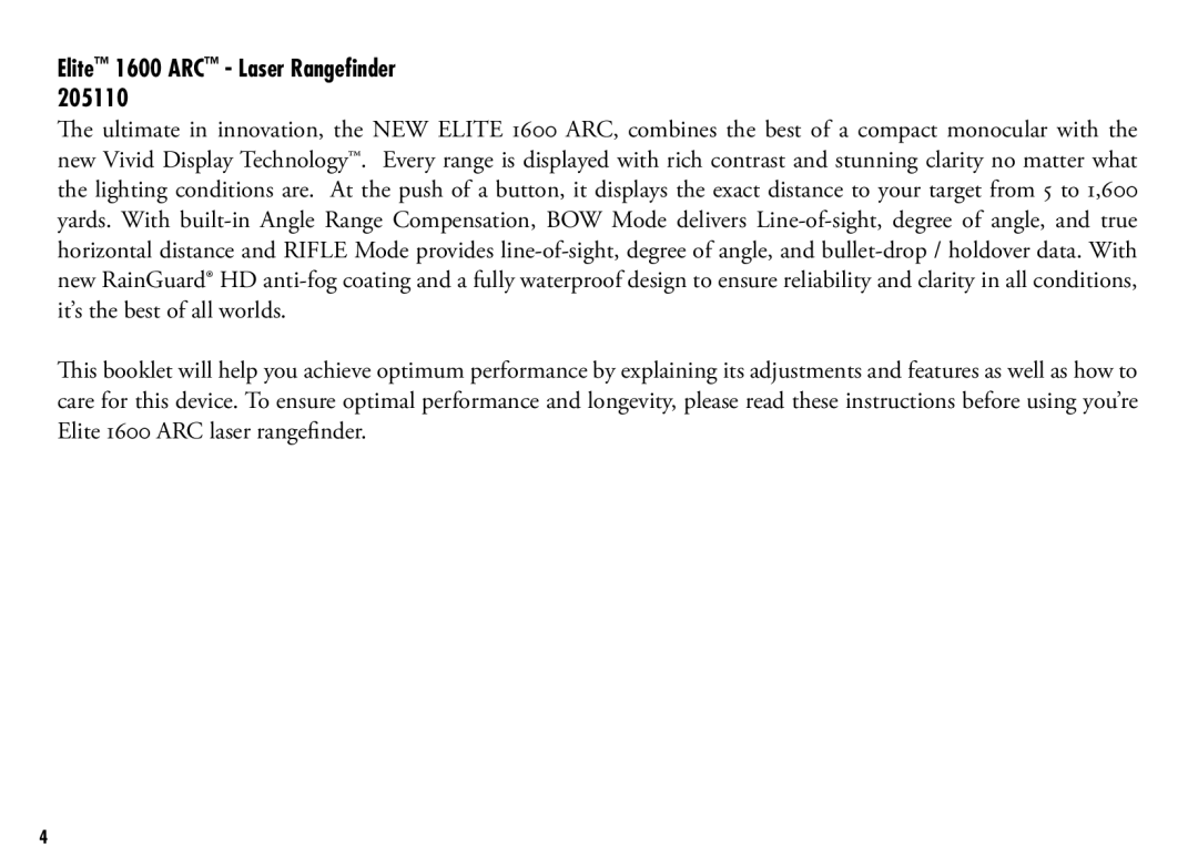 Bushnell 205110 manual Elite 1600 ARC Laser Rangefinder 