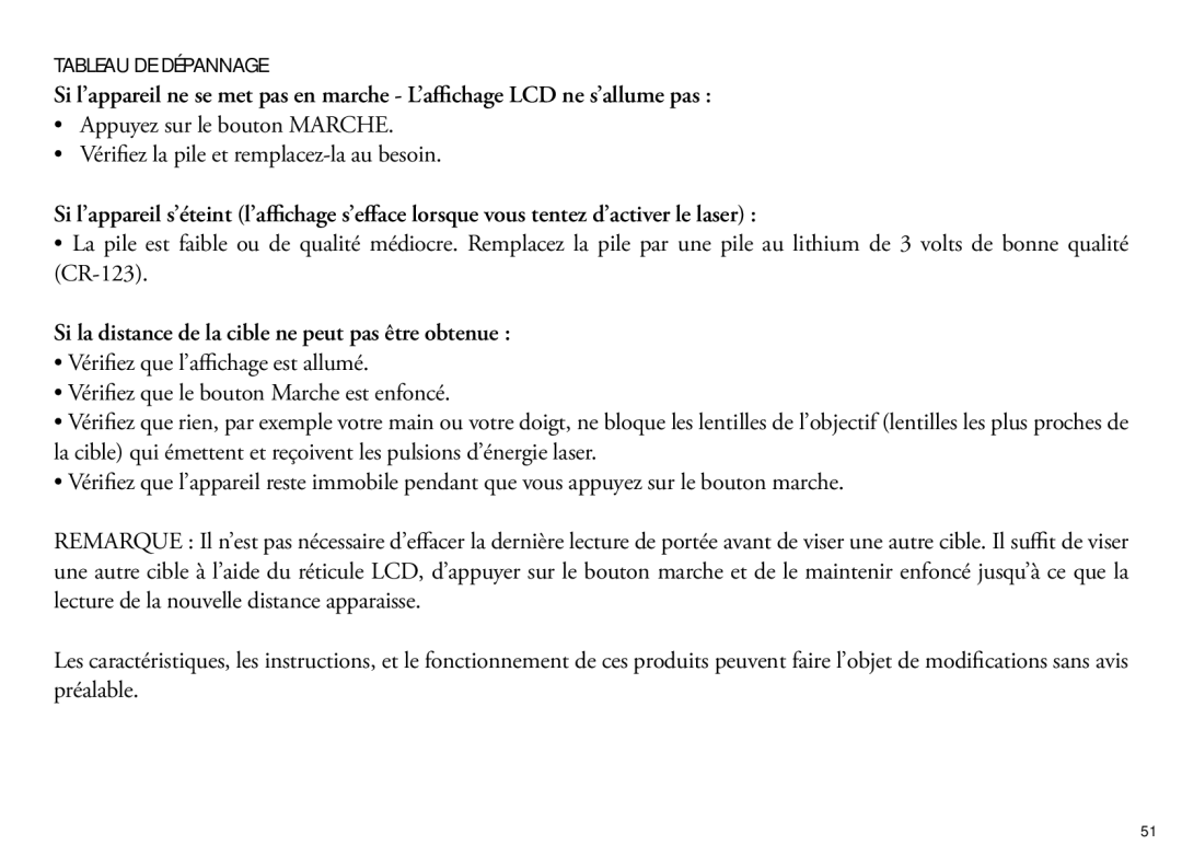 Bushnell 205110 manual Tableau DE Dépannage, CR-123, Si la distance de la cible ne peut pas être obtenue 