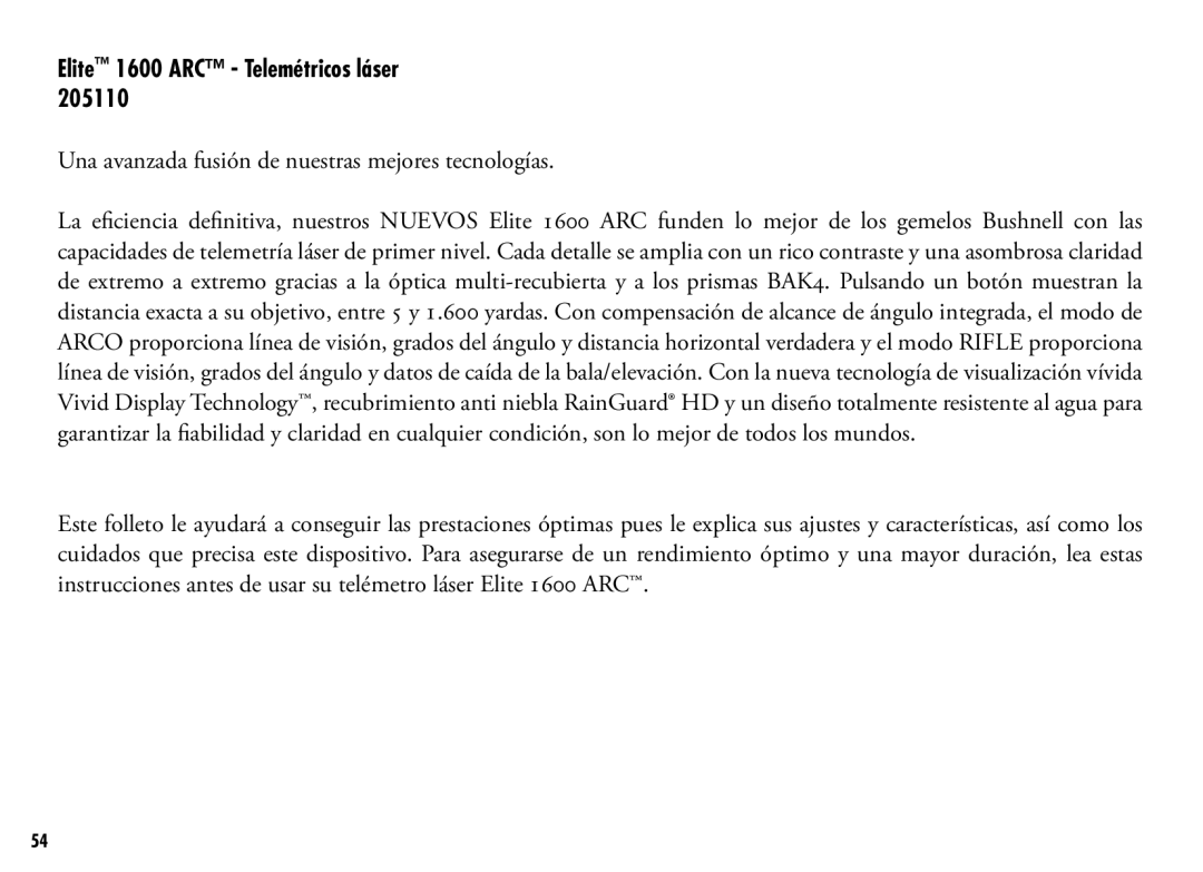 Bushnell 205110 manual Elite 1600 ARC Telemétricos láser, Una avanzada fusión de nuestras mejores tecnologías 