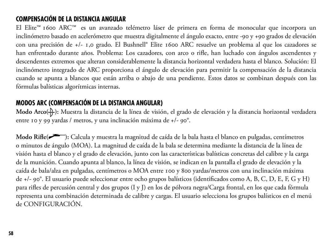 Bushnell 205110 manual Compensación de la distancia angular, Modos ARC compensación de la distancia angular 