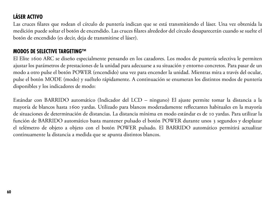 Bushnell 205110 manual Láser Activo, Modos DE Selective Targeting 